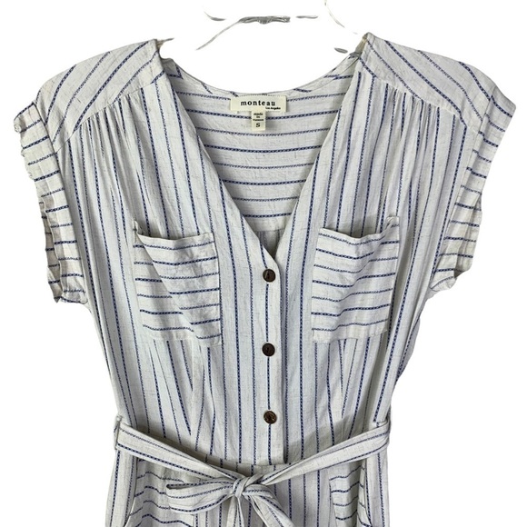 Monteau Women’s Navy & Cream Pin Striped Belted Ankle Crop Jump Suit Size Small - Picture 3 of 6